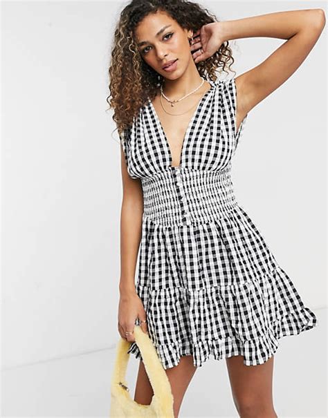 Asos Design Shirred Waist Button Front Tiered Mini Sundress In Crinkle