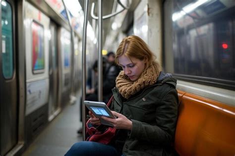 Premium Photo A Woman Sitting On A Subway Looking At Her Phone