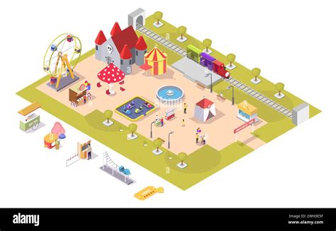 Amusement Park Vector Flat Isometric Composition With Carousel Haunted