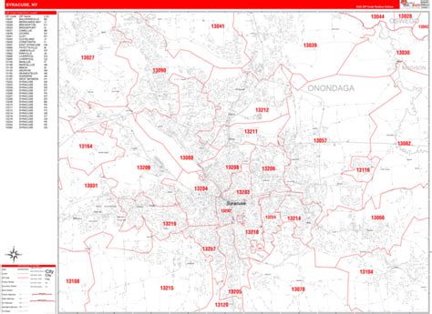 Syracuse New York Zip Code Wall Map Red Line Style By Marketmaps Mapsales