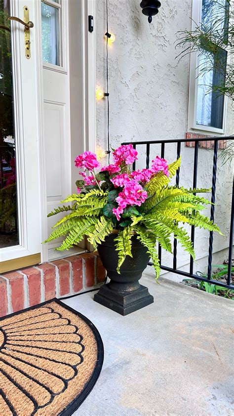 Faux Plant Urn Filler Spring And Summer Front Porch Urn Drop In Centerpiece Pink Geraniums And