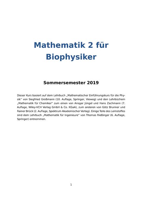 Math Biophy Ii Skript Zur Vorlesung Mathematik F R Biophysiker