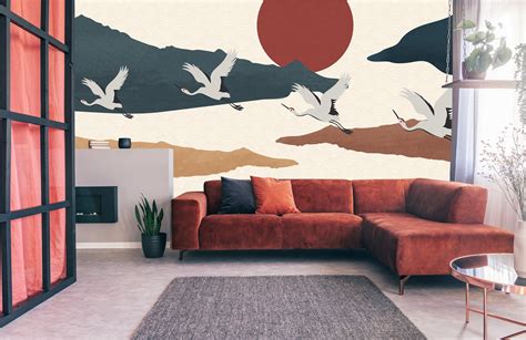 Japanese Art Deco Wallpaper Crane Bird and Mountain Pattern - Etsy