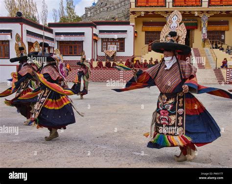 Gelugpa monks dancing at the Diskit Monastery's Gustor Festival, Nubra ...