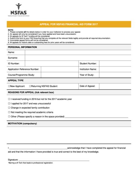 Appeal For Nsfas Financial Aid Form - 2017 printable pdf download