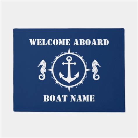 Your Boat Name Seahorse Anchor Welcome Aboard Navy Doormat Zazzle