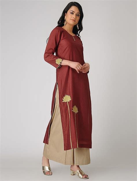 Buy Rust Embroidered Chanderi Kurta Silk Women Kurtas Online At Jaypore