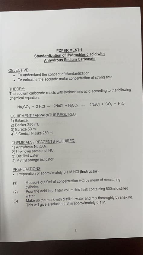 Experiment Standardization Of Hydrochloric Acid Chegg