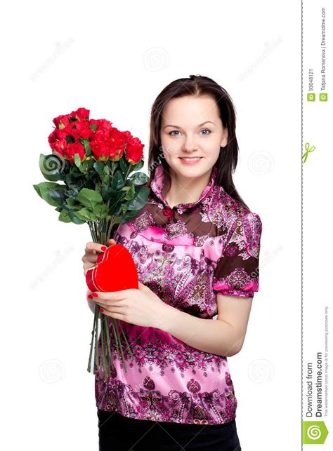 Beautiful Young Woman With A Bouquet Of Red Roses Stock Image Image