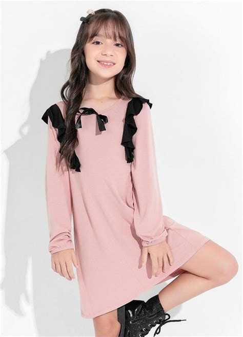 Vestido Infantil Rosê Babado e Fita de Cetim Moda Pop