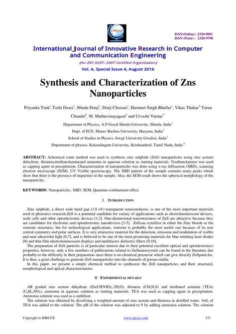 Pdf Synthesis And Characterization Of Zns Nanoparticles