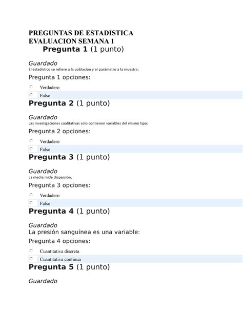 Preguntas DE Estadistica 1 PREGUNTAS DE ESTADISTICA EVALUACION SEMANA