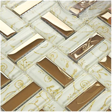 White And Gold Glass Tiles Backsplash Honghai9105 117x117 Per Sheet