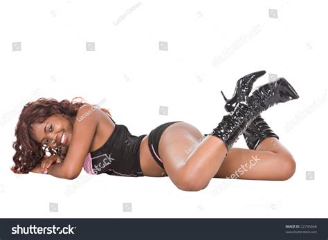 Sexy African American Girl In Black Lingerie And Black Boots Stock