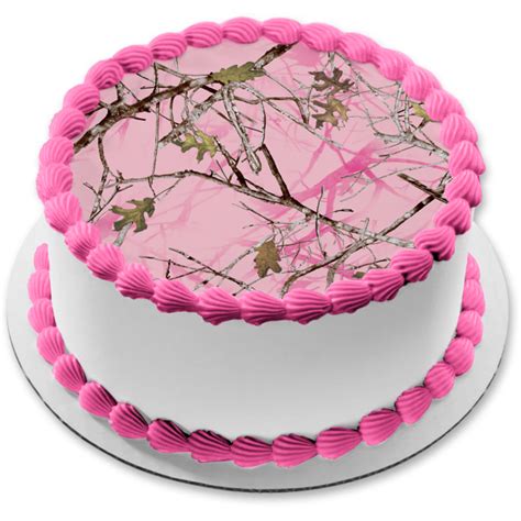 Mossy Oak Trees Leaves Camouflage Pink Background Camo Edible Cake Top