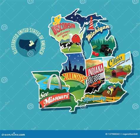 Illustrated Pictorial Map of Midwest United States. Stock Vector - Illustration of elements ...