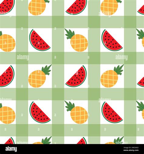 Gingham Plaid Tartan Fabric Texture With Watermelon And Pineapple