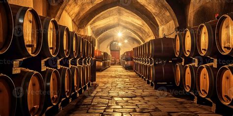 Wine Barrels Stacked In The Old Cellar Of The Winery Generative AI