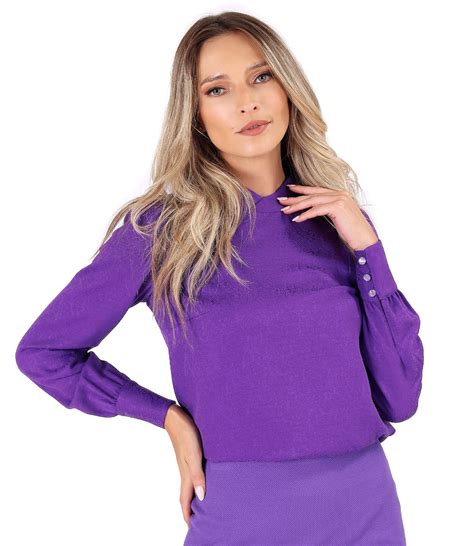 Elegant Blouse With Collar And Long Sleeves Purple Yokko