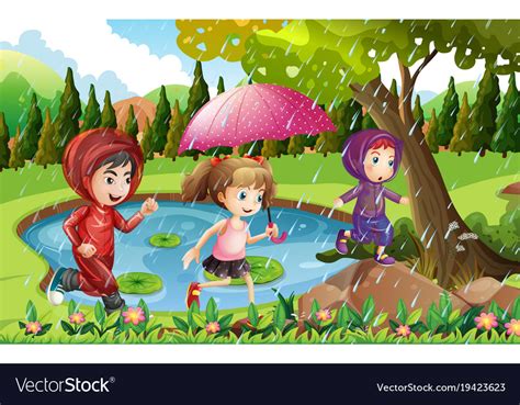 Three Kids Running In Rain Royalty Free Vector Image