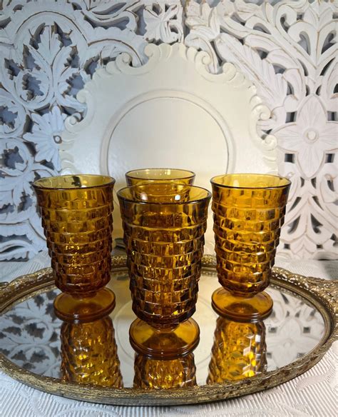 Vintage Whitehall Cubist Glassware Indiana Glass Whitehall Cubist Amber Iced Tea Glasses Mid