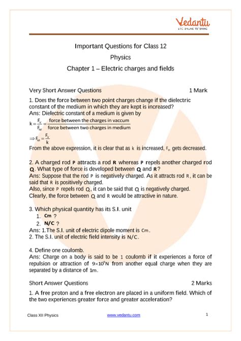 Cbse Class 12 Physics Chapter 1 Electric Charges And Fields Important Questions