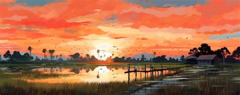 Premium AI Image | painting of a painting of a sunset over a lake