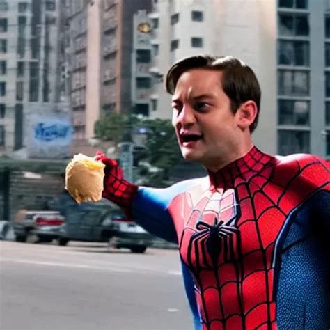 Tobey Maguire Dressed As Spider Man Eats Ice Cream Stable Diffusion