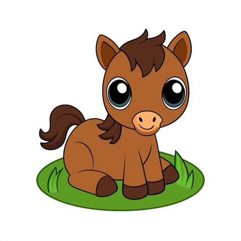 Caballo Bebé De Dibujos Animados Sentado En La Hierba Vector Premium