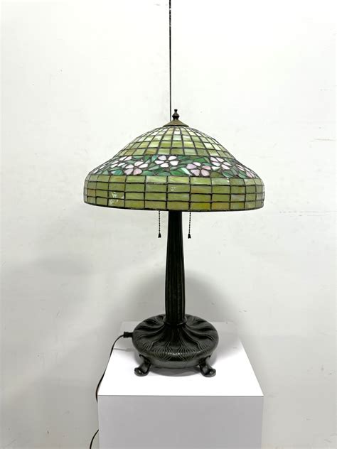 Vintage Chartreuse Stained Glass Table Lamp W Bronze Footed Base Tiffany Reproduction 2795