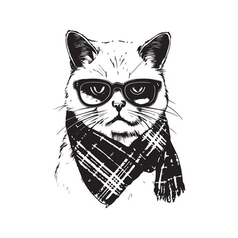 Scottish Cat Wearing Sunglasses And Scarf Vintage Logo Line Art