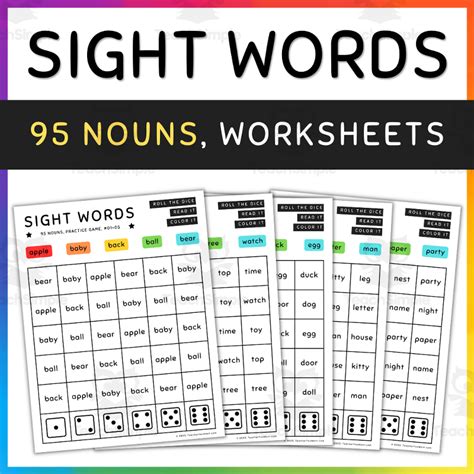 95 Nouns Sight Words Practice Game Roll And Color Fun Activity Set 9 B By Teach Simple