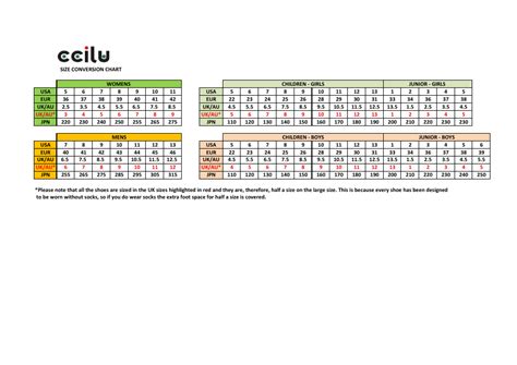 Shoe Size Conversion Chart - Ccilu Download Printable PDF | Templateroller