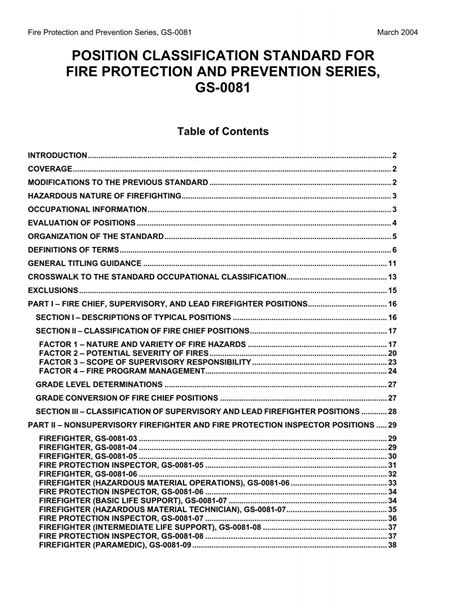 Position Classification Standard For Fire Protection And Prevention