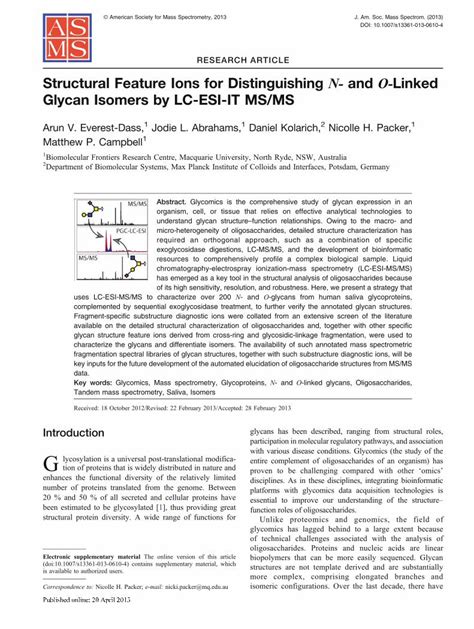 Pdf Structural Feature Ions For Distinguishing N And O Linked Glycan