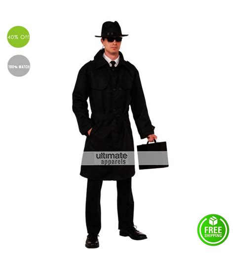 Detective Mens Agent Spy Black Trench Coat Costume