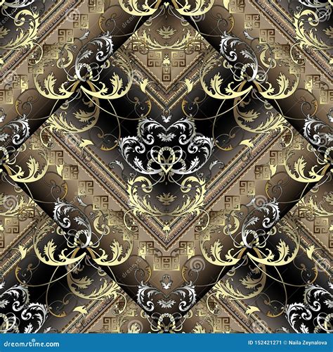 Striped Baroque Seamless Pattern Floral Ornamental Damask Background