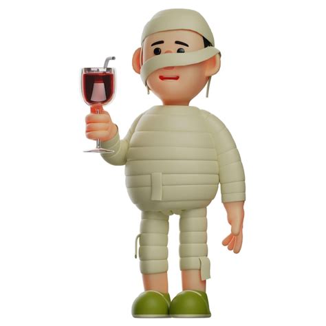 Ilustración 3d lindo personaje 3d de momia con una copa de vino que