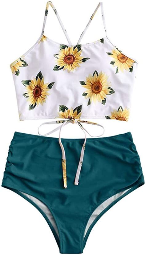 Amazon Zaful Sunflower Bikini Set Padded Lace Up Tankini Ruched