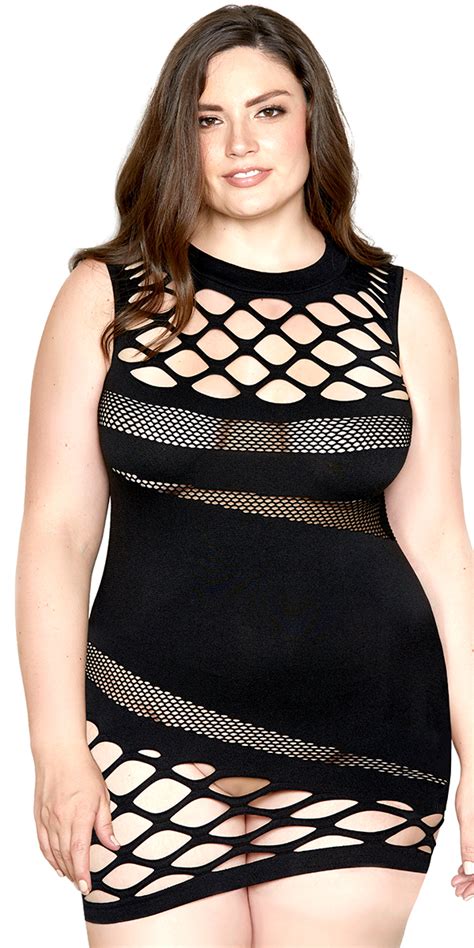 Plus Size Black Fishnet Mesh Chemise With Cut Out Holes Sexy Lingerie