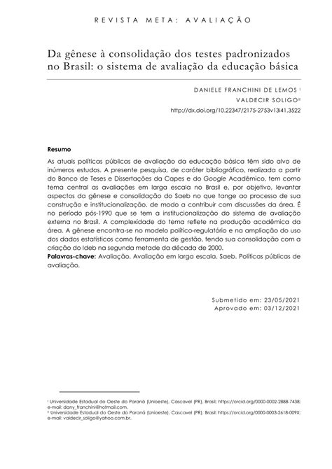 PDF Da gênese à consolidação dos testes padronizados no Brasil o