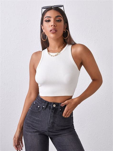 Ribbed Cropped Tank Top S לבן Knitted Crop Tank Top Cropped Tank Top Tank Tops