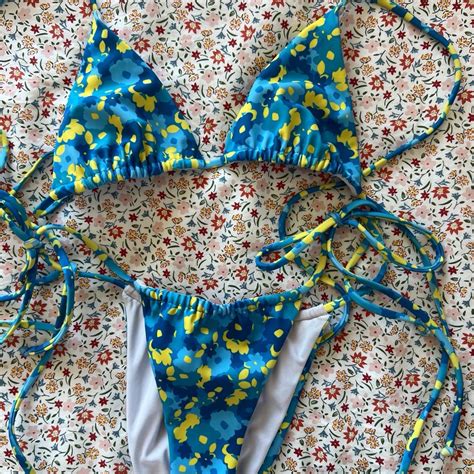 Loleia Swim Blue And Yellow Flower Bikini Set XS Depop