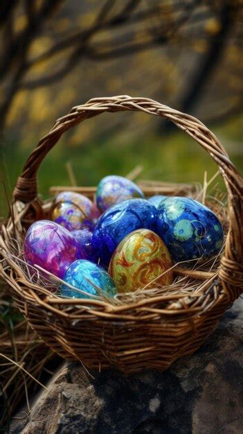 Premium Photo Colorful Painted Eggs In Wicker Basket