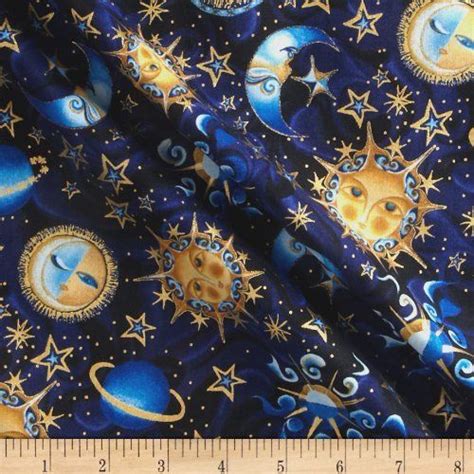 Celestial Dreams Metallic Sun And Moons Celestial Blue Fabric By The Yd