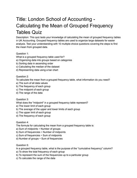 Solution Calculating The Mean Of Grouped Frequency Tables Quiz Studypool