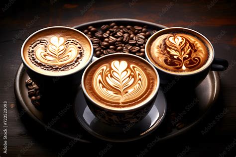 Cups With Aromatic Latte And Cappuccino Coffee Made From Beans Of