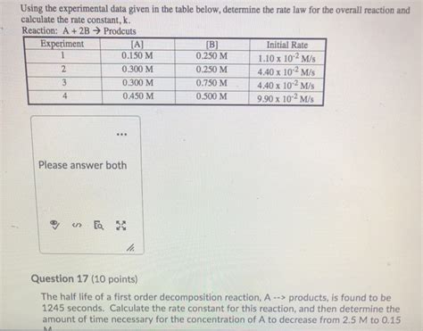 Solved Using The Experimental Data Given In The Table Below Chegg