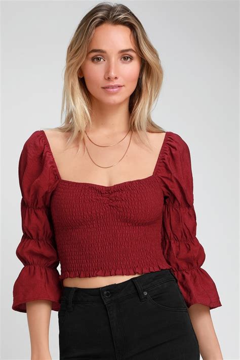 Lulus Burgundy Crop Top Smocked Crop Top Puff Sleeve Crop Top