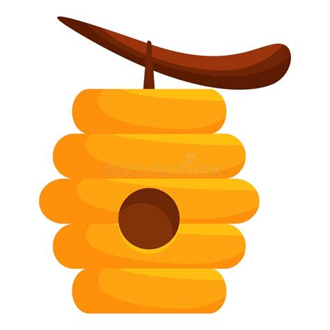 Wooden Beehive Hanging From Tree Branch With Round Entrance Stock